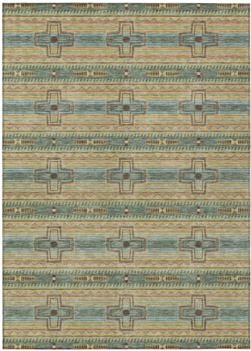 Green And Beige Tribal Washable Indoor Outdoor Area Rug Photo 2