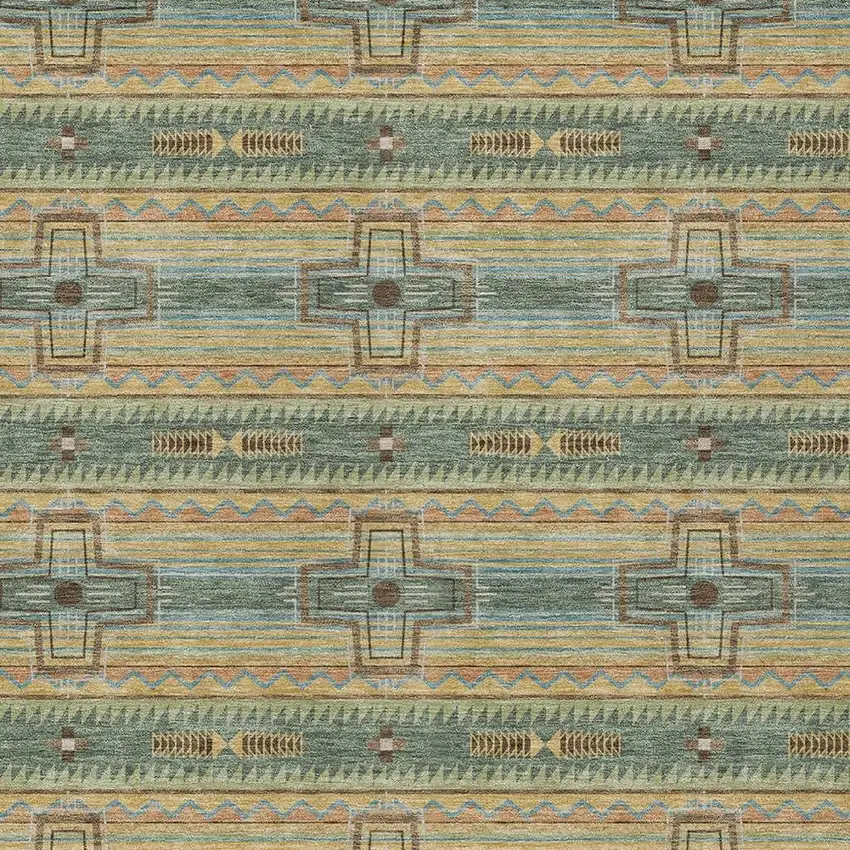 Green And Beige Tribal Washable Indoor Outdoor Area Rug Photo 5
