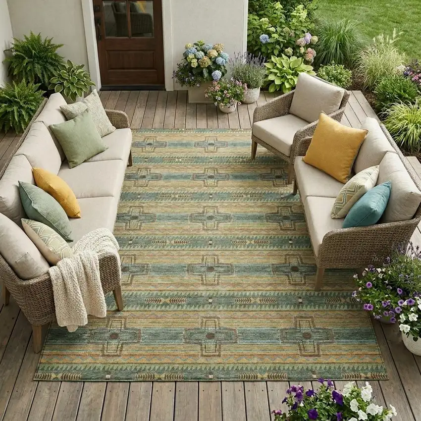 Green And Beige Tribal Washable Indoor Outdoor Area Rug Photo 1