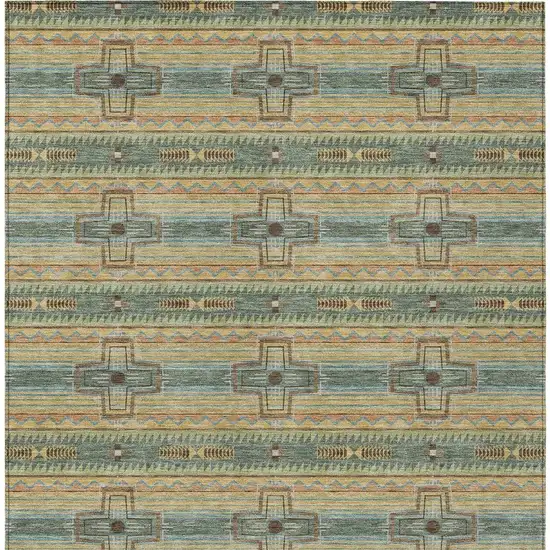 Green And Beige Tribal Washable Indoor Outdoor Area Rug Photo 4