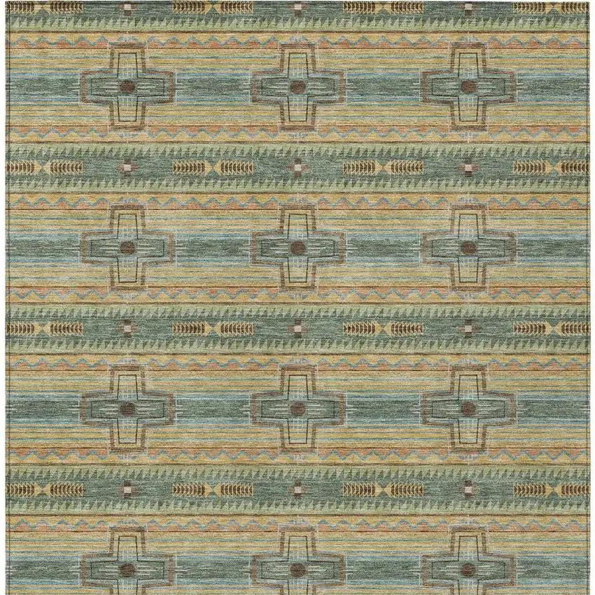 Green And Beige Tribal Washable Indoor Outdoor Area Rug Photo 4