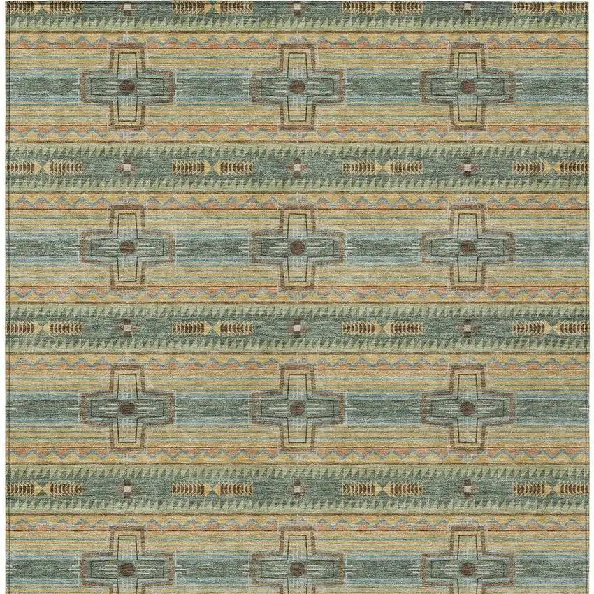 Green And Beige Tribal Washable Indoor Outdoor Area Rug Photo 6