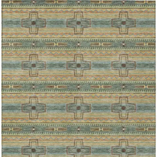 Green And Beige Tribal Washable Indoor Outdoor Area Rug Photo 6