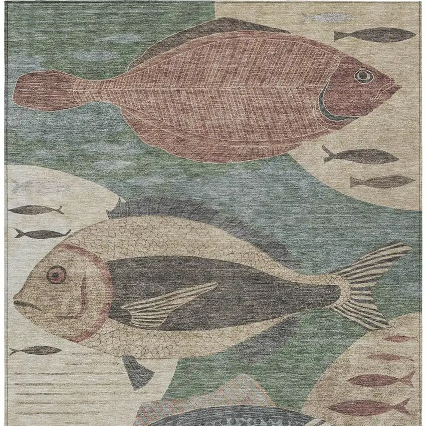 Green And Beige Tropical Fish Washable Indoor Outdoor Area Rug Photo 3