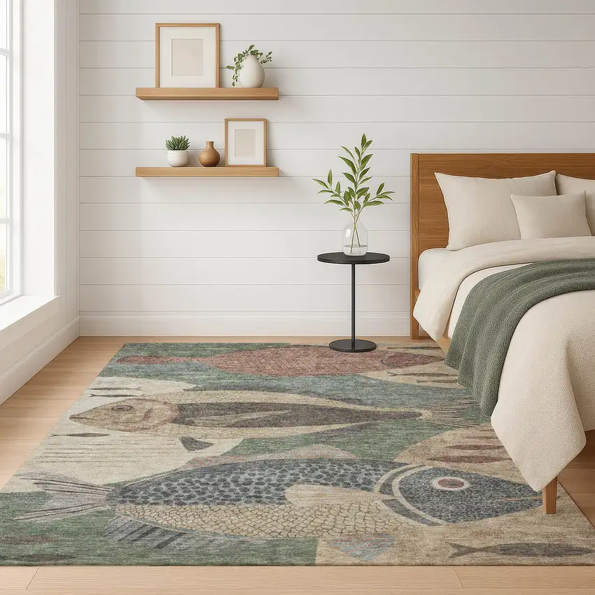 Green And Beige Tropical Fish Washable Indoor Outdoor Area Rug Photo 6