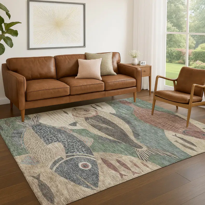 Green And Beige Tropical Fish Washable Indoor Outdoor Area Rug Photo 5