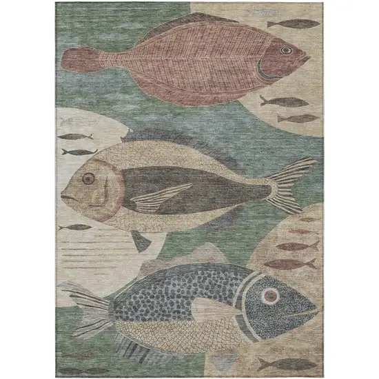 Green And Beige Tropical Fish Washable Indoor Outdoor Area Rug Photo 1