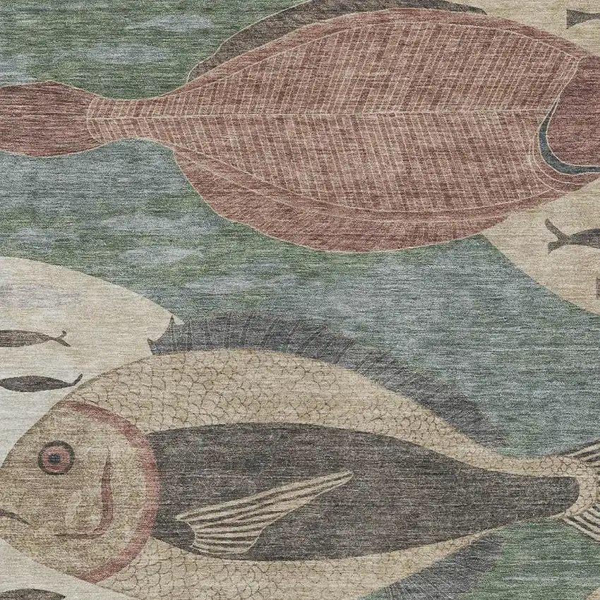 Green And Beige Tropical Fish Washable Indoor Outdoor Area Rug Photo 2