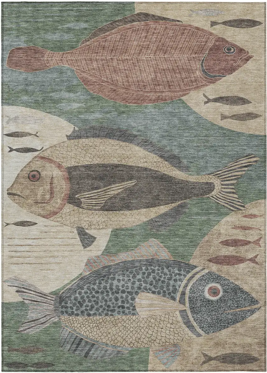 Green And Beige Tropical Fish Washable Indoor Outdoor Area Rug Photo 1