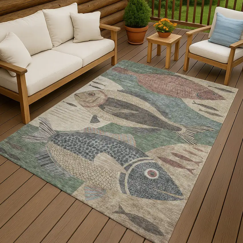 Green And Beige Tropical Fish Washable Indoor Outdoor Area Rug Photo 4