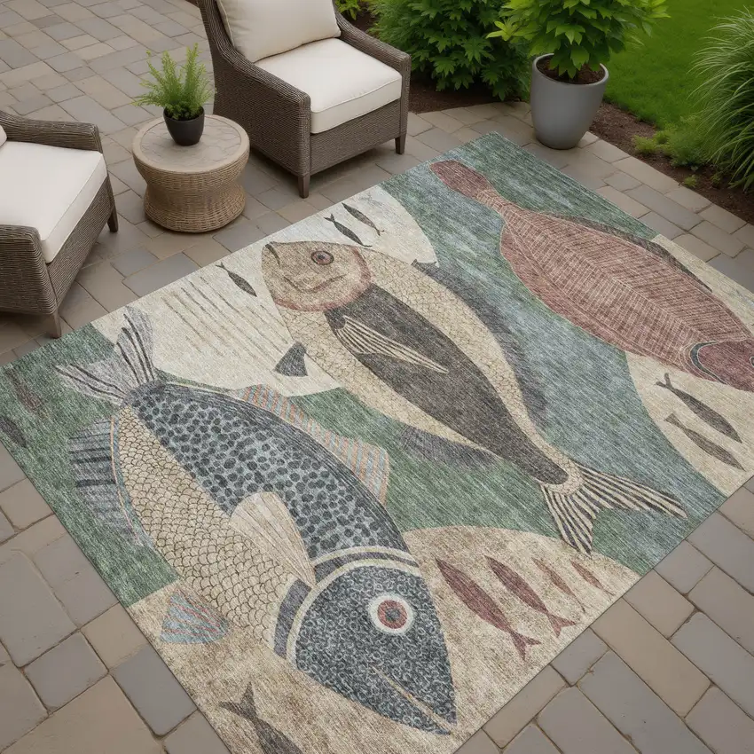 Green And Beige Tropical Fish Washable Indoor Outdoor Area Rug Photo 7