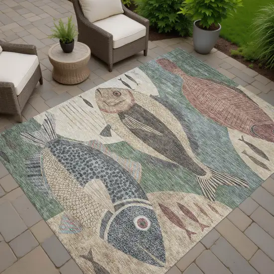 Green And Beige Tropical Fish Washable Indoor Outdoor Area Rug Photo 7