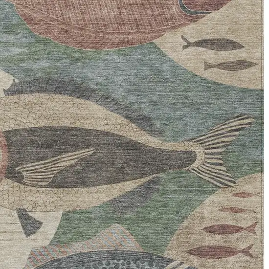 Green And Beige Tropical Fish Washable Indoor Outdoor Area Rug Photo 2