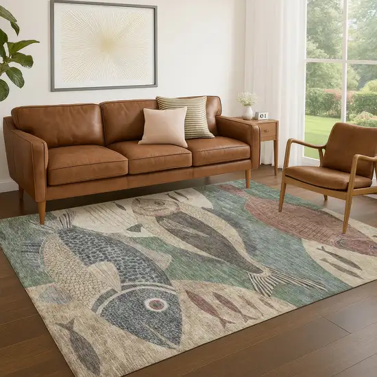 Green And Beige Tropical Fish Washable Indoor Outdoor Area Rug Photo 5