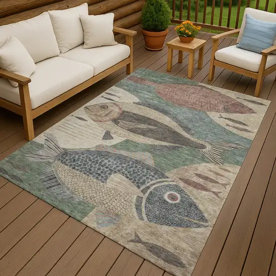 Green And Beige Tropical Fish Washable Indoor Outdoor Area Rug Photo 4