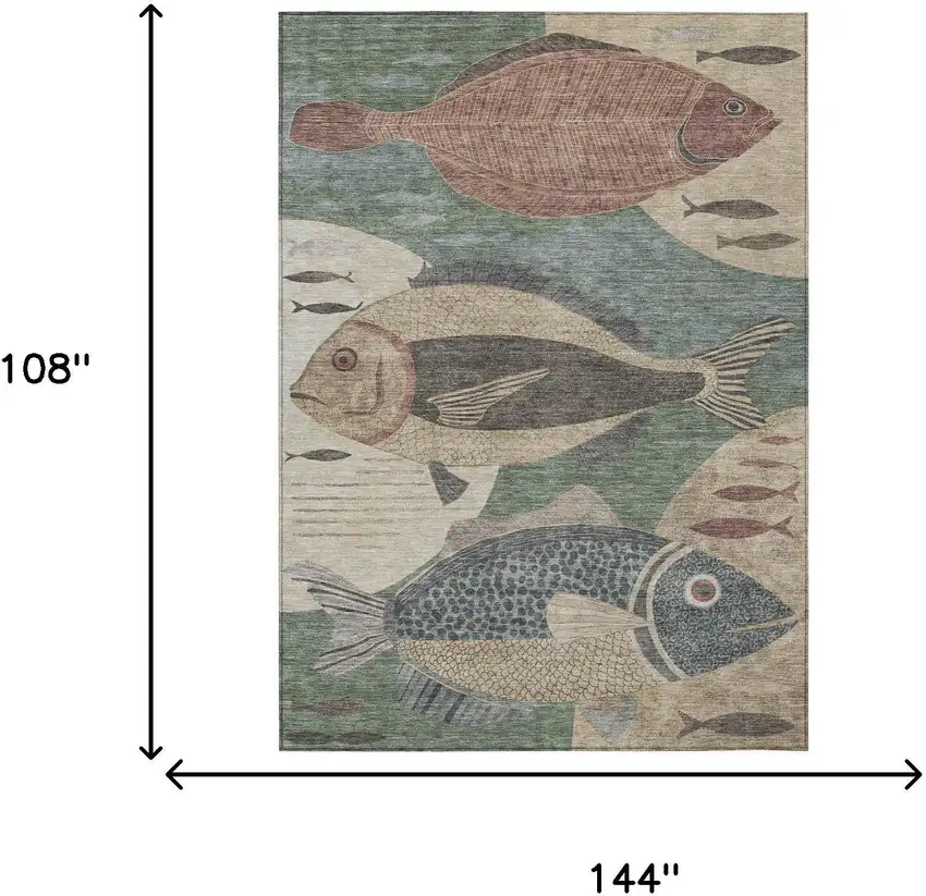 Green And Beige Tropical Fish Washable Indoor Outdoor Area Rug Photo 6
