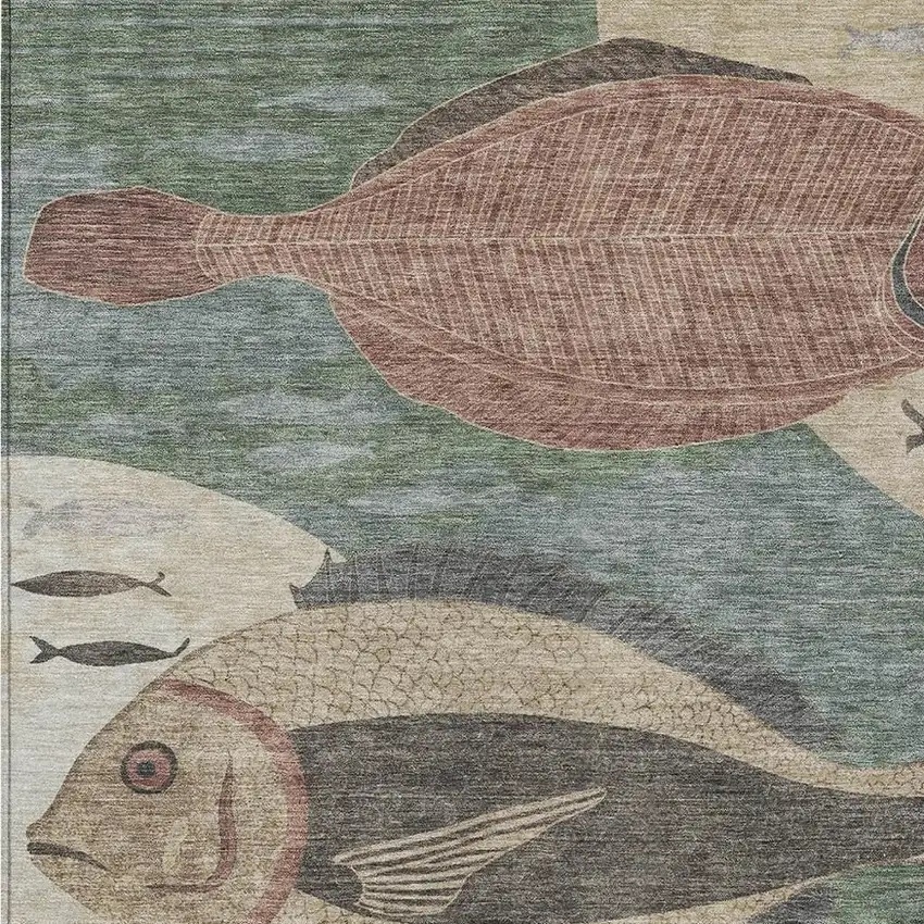 Green And Beige Tropical Fish Washable Indoor Outdoor Area Rug Photo 2