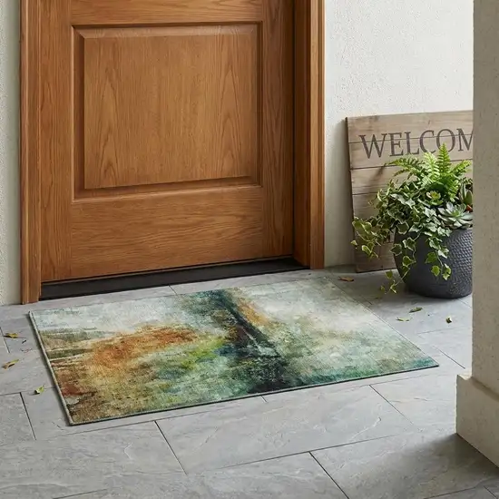 Green And Black Abstract Washable Indoor Outdoor Area Rug Photo 1