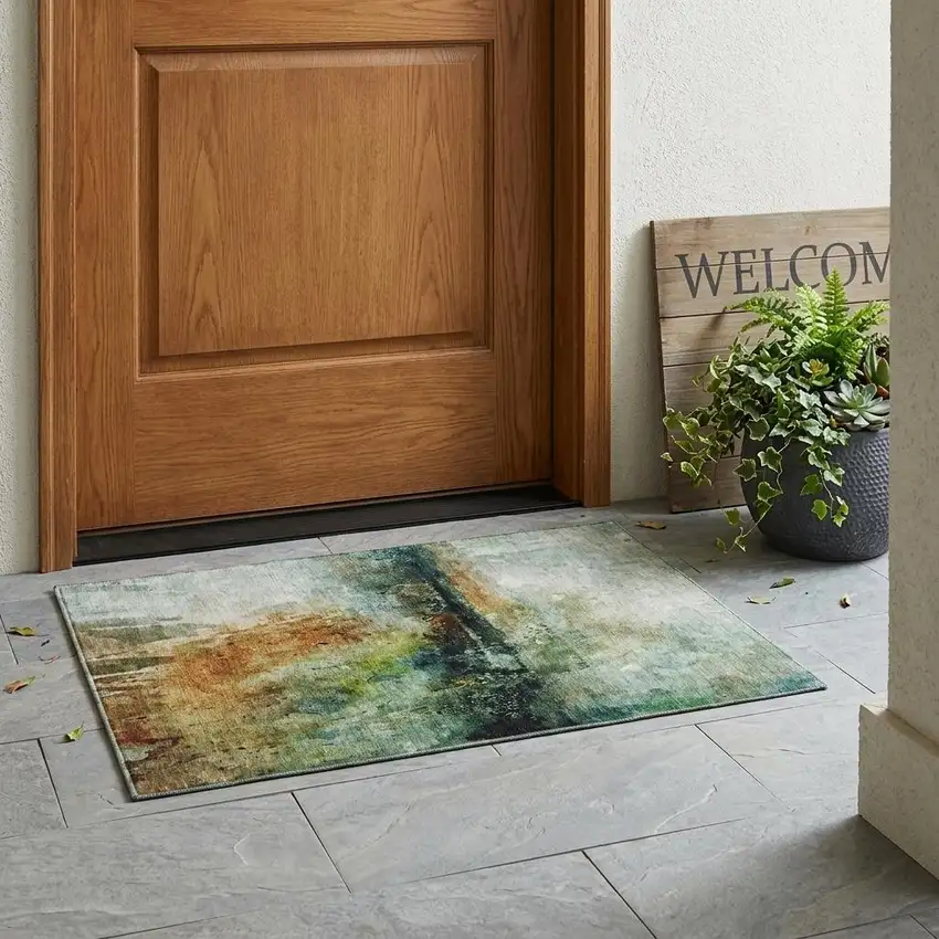 Green And Black Abstract Washable Indoor Outdoor Area Rug Photo 1