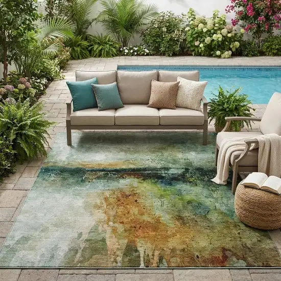 Green And Black Abstract Washable Indoor Outdoor Area Rug Photo 1
