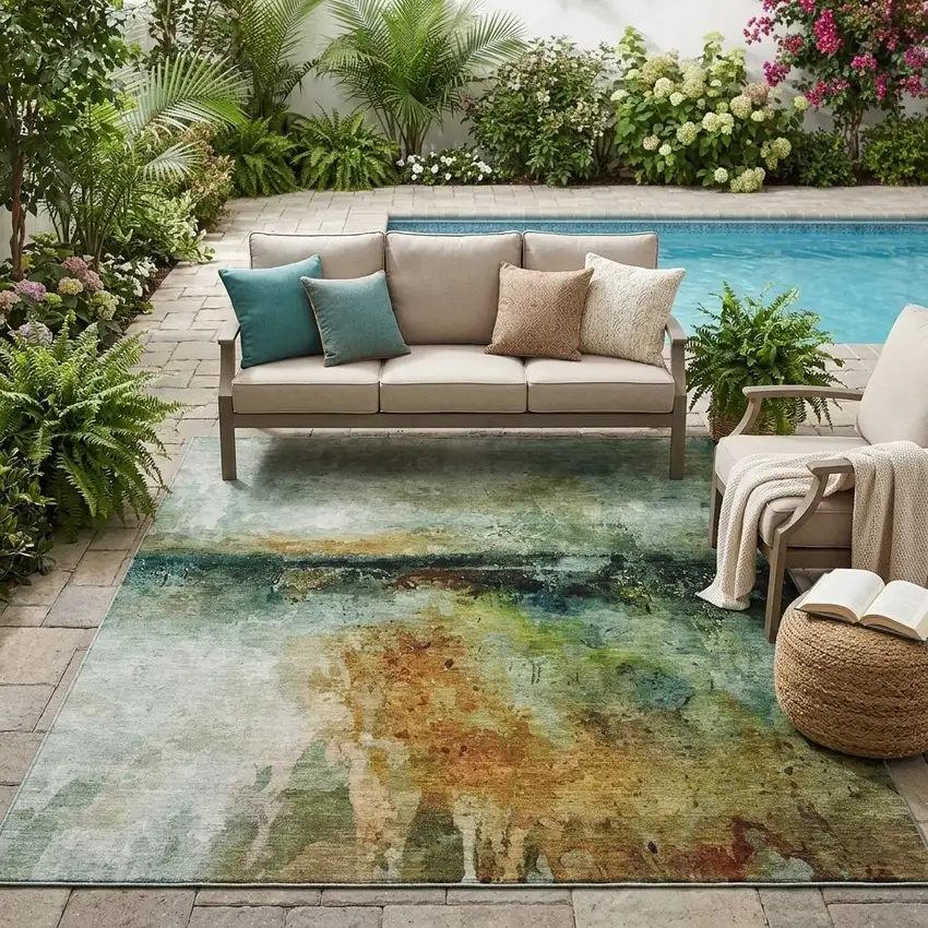 Green And Black Abstract Washable Indoor Outdoor Area Rug Photo 1