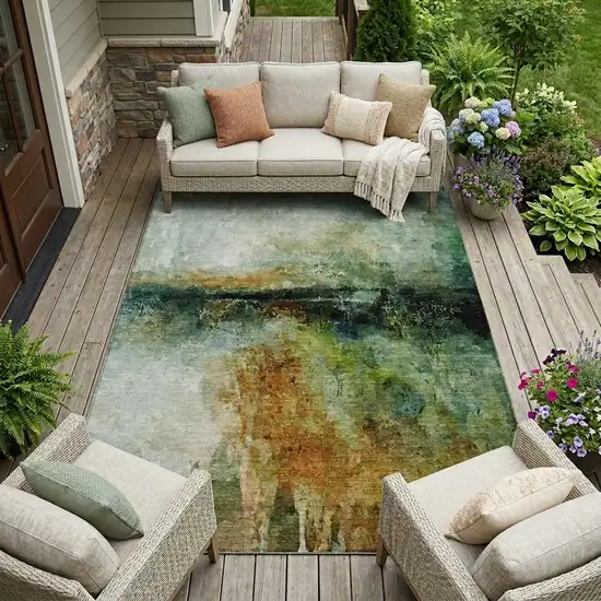 Green And Black Abstract Washable Indoor Outdoor Area Rug Photo 1