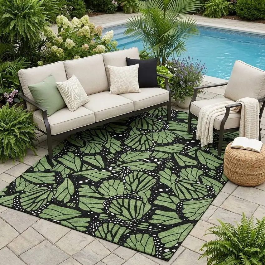 Green And Black Animal Print Washable Indoor Outdoor Area Rug Photo 1