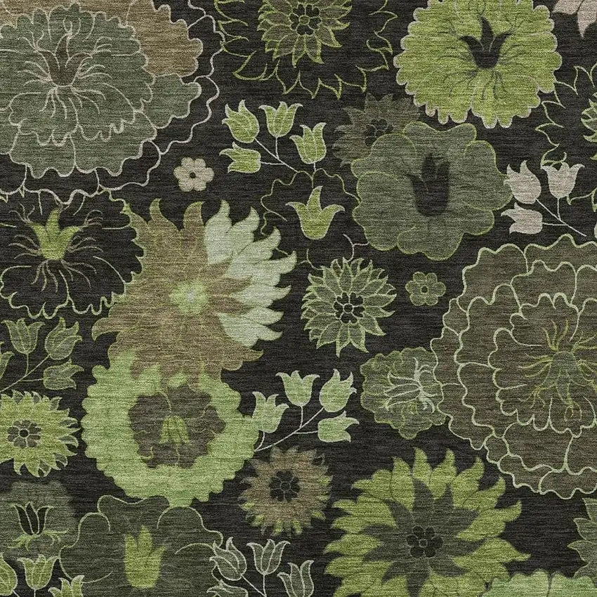 Green And Black Floral Washable Indoor Outdoor Area Rug Photo 8