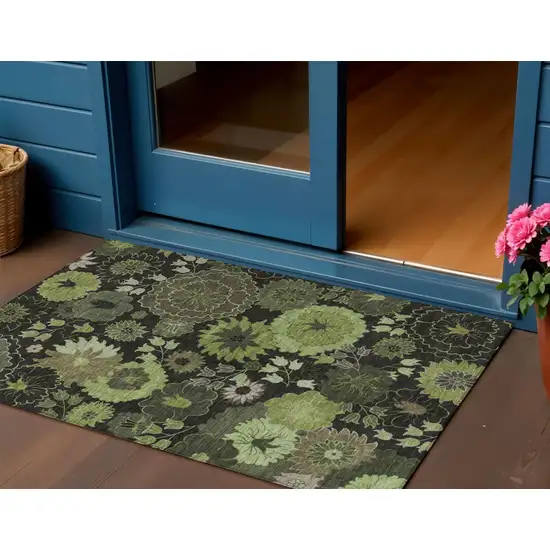 Green And Black Floral Washable Indoor Outdoor Area Rug Photo 1