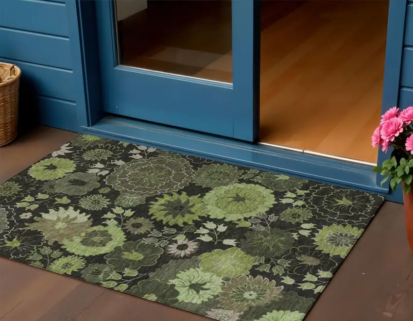 Green And Black Floral Washable Indoor Outdoor Area Rug Photo 1