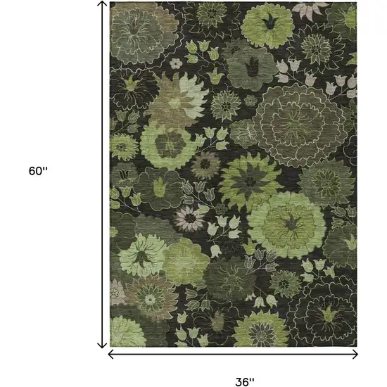 Green And Black Floral Washable Indoor Outdoor Area Rug Photo 3