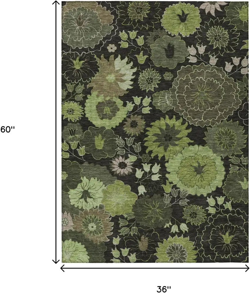 Green And Black Floral Washable Indoor Outdoor Area Rug Photo 3