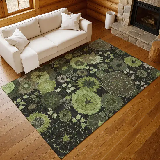 Green And Black Floral Washable Indoor Outdoor Area Rug Photo 9