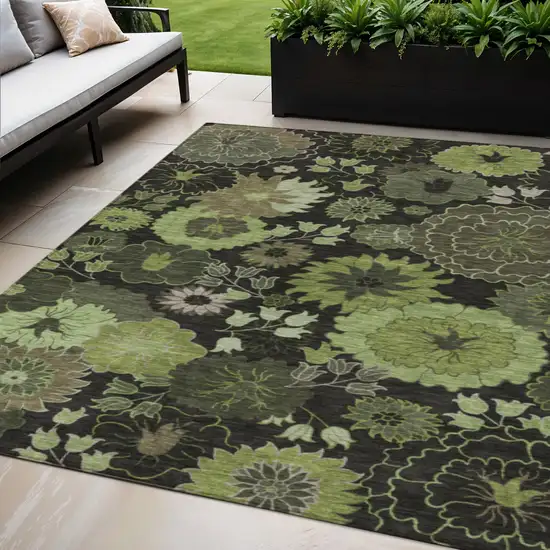 Green And Black Floral Washable Indoor Outdoor Area Rug Photo 1