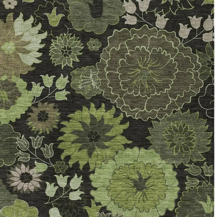 Green And Black Floral Washable Indoor Outdoor Area Rug Photo 4
