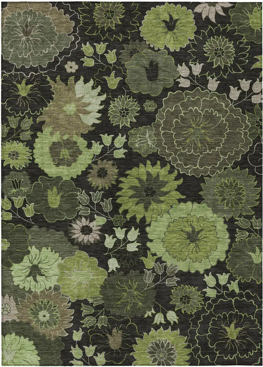 Green And Black Floral Washable Indoor Outdoor Area Rug Photo 2