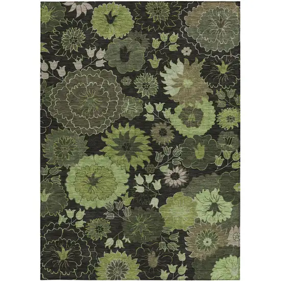 Green And Black Floral Washable Indoor Outdoor Area Rug Photo 4