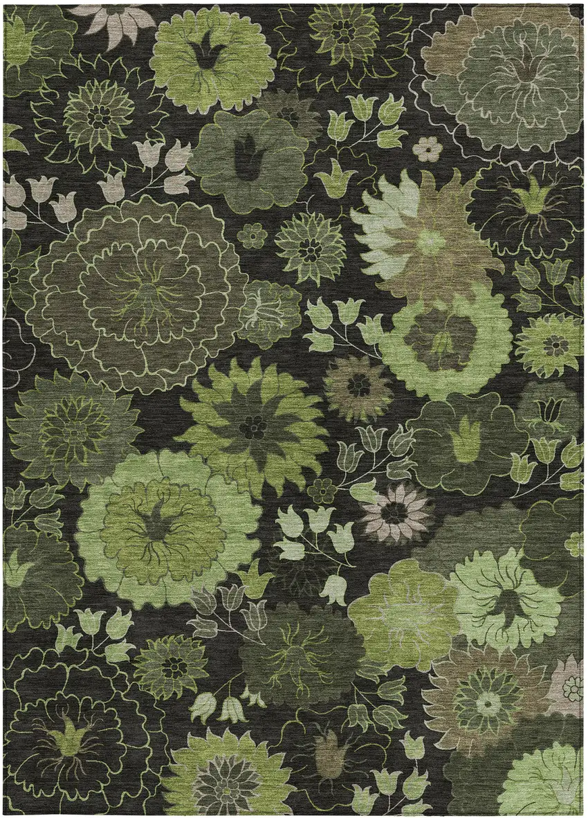 Green And Black Floral Washable Indoor Outdoor Area Rug Photo 4