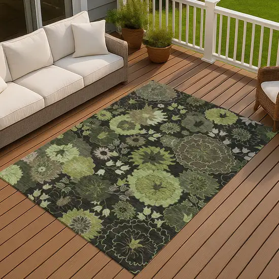 Green And Black Floral Washable Indoor Outdoor Area Rug Photo 8