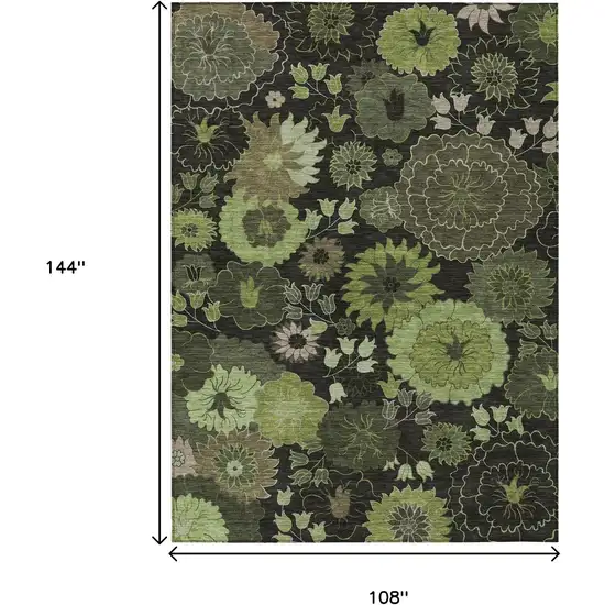 Green And Black Floral Washable Indoor Outdoor Area Rug Photo 3
