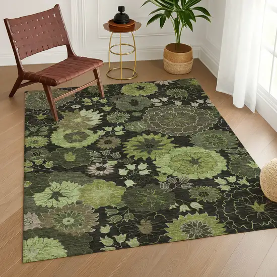 Green And Black Floral Washable Indoor Outdoor Area Rug Photo 9