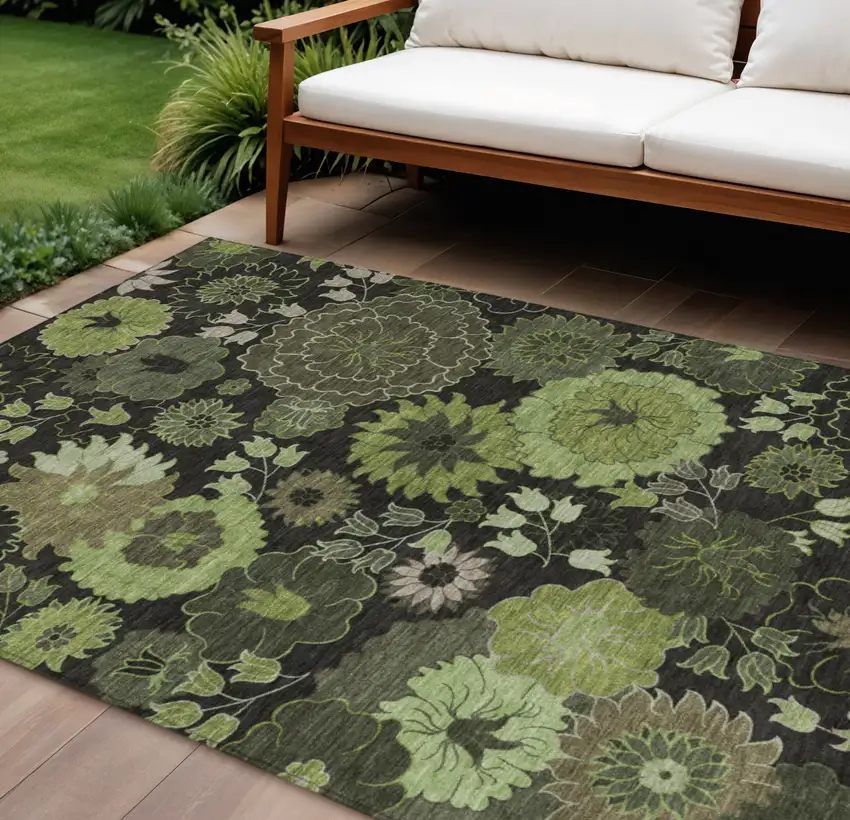 Green And Black Floral Washable Indoor Outdoor Area Rug Photo 1