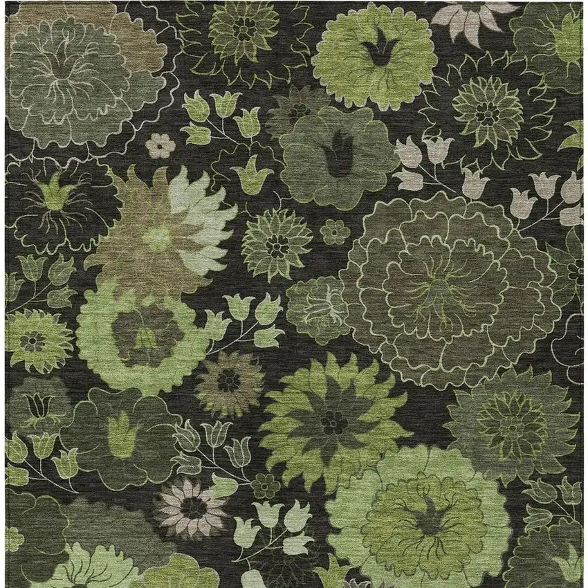 Green And Black Floral Washable Indoor Outdoor Area Rug Photo 4