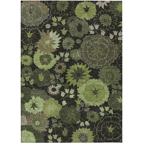 Green And Black Floral Washable Indoor Outdoor Area Rug Photo 2