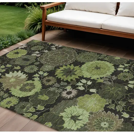 Green And Black Floral Washable Indoor Outdoor Area Rug Photo 1