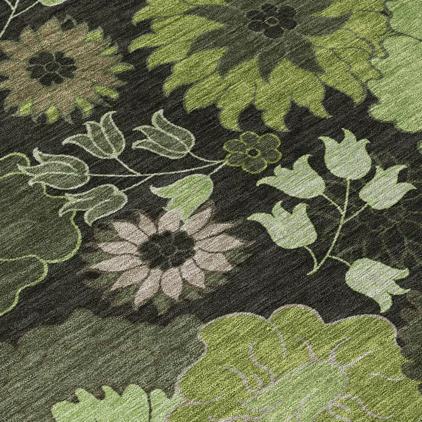 Green And Black Floral Washable Indoor Outdoor Area Rug Photo 8