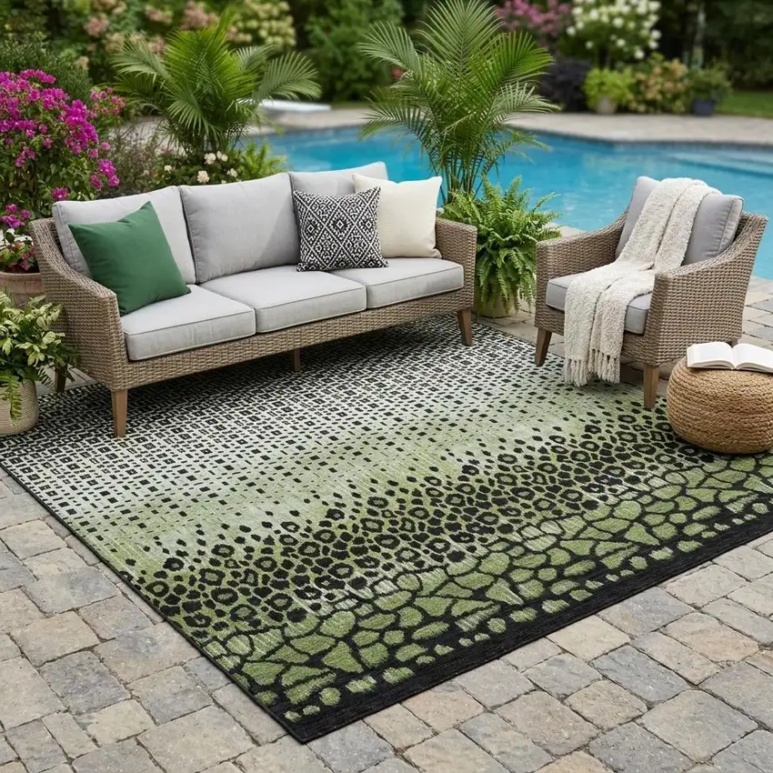 Green And Black Geometric Washable Indoor Outdoor Area Rug Photo 1