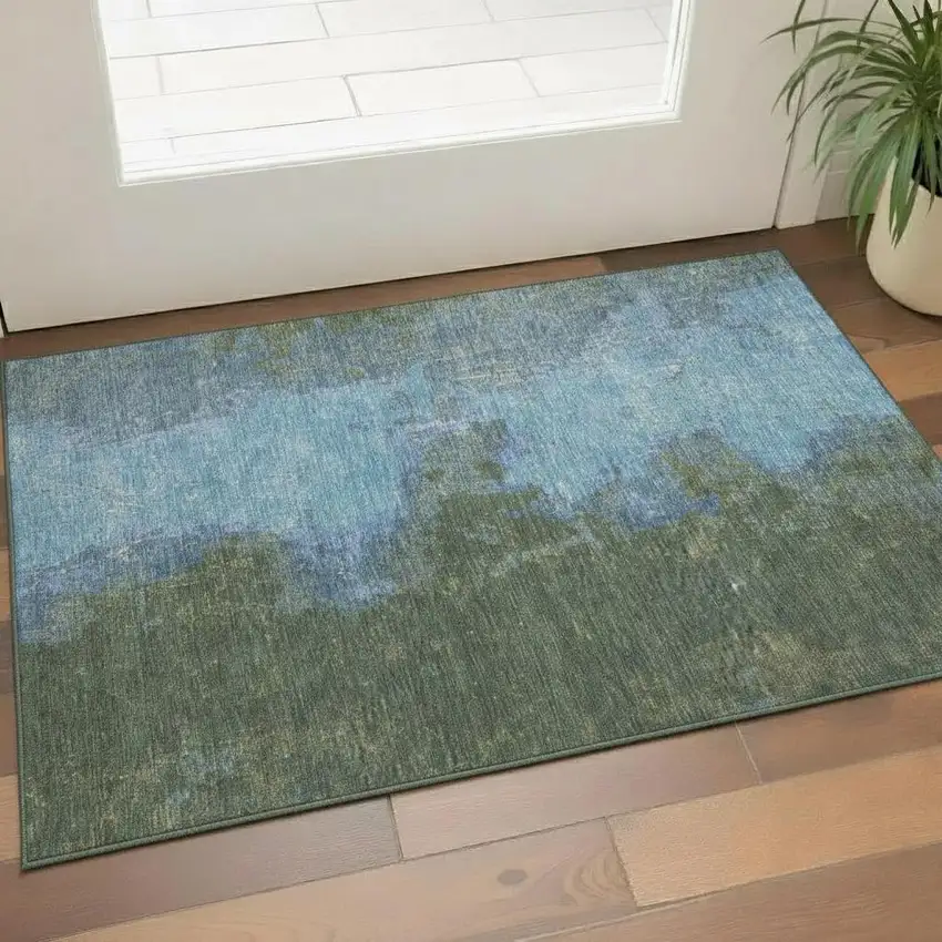 Green And Blue Abstract Washable Area Rug With UV Protection Photo 2