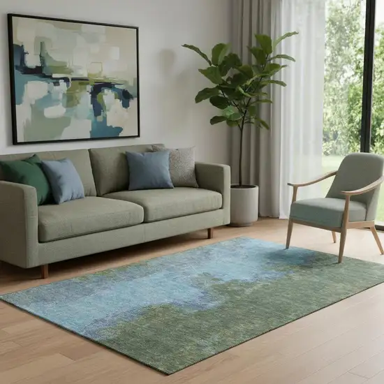 Green And Blue Abstract Washable Area Rug With UV Protection Photo 2