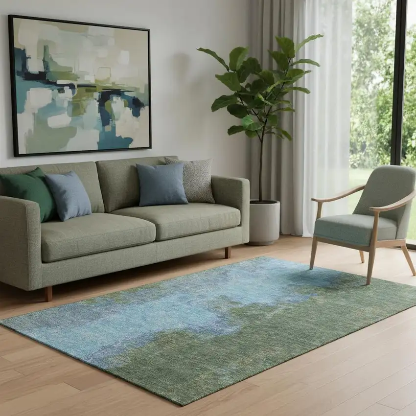 Green And Blue Abstract Washable Area Rug With UV Protection Photo 2